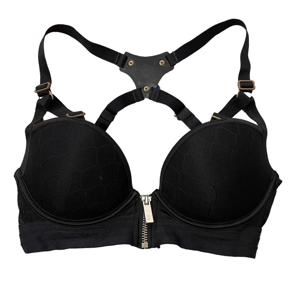 Honey Birdette Vikki Vette Zipper Front Black Push Up Bra Size 32D/10D